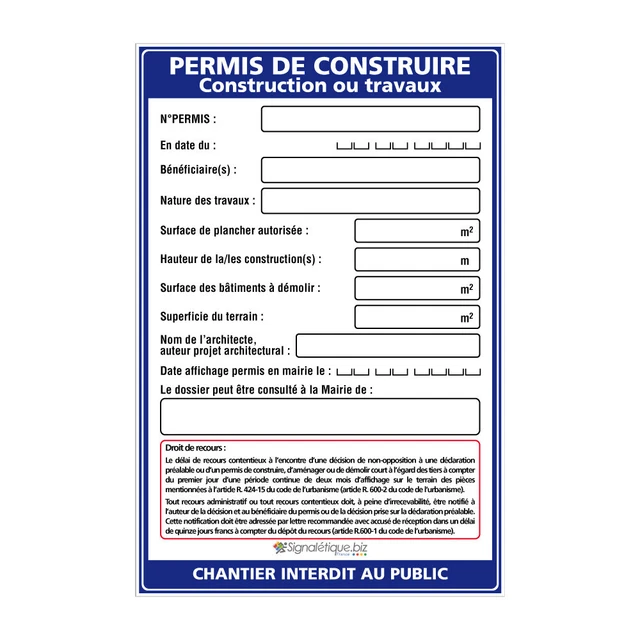 Panneau Permis de Construire, Construction ou Travaux + Marqueur noir (W1032). P