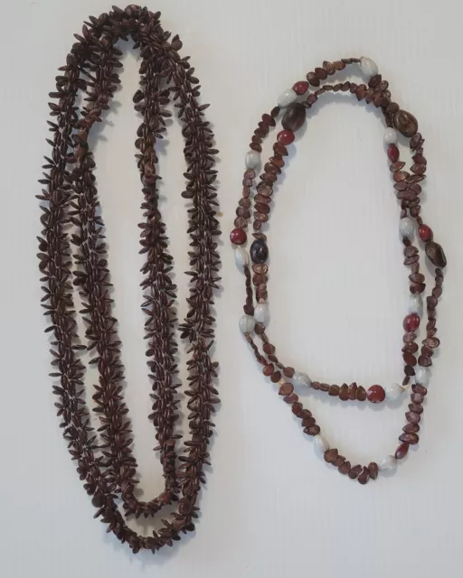 Vintage 2 Necklaces 42" Koa Natural Seeds & 32" Bead Seed No Closers Hawaiian