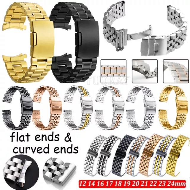 14 16 18 20 22 24 26mm Curved/Flat End Stainless Steel Strap Watch Band Bracelet