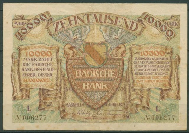 Badische Bank 10000 Mark 1923 Serie L, BAD-9b gebraucht (K1578)