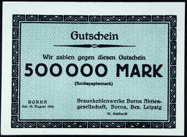 BORNA 1923 "Braunkohlenwerke" 500,000 Mark Inflation Notgeld Banknote Germany