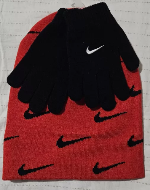 NWT Nike Youth Boys Knit Beanie and Gloves 2-Piece Set OSFA Black/Red 2