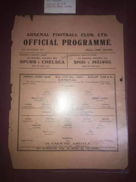 ARSENAL, 1945/1946, a football programme from the fixture versus Plymouth Argyle