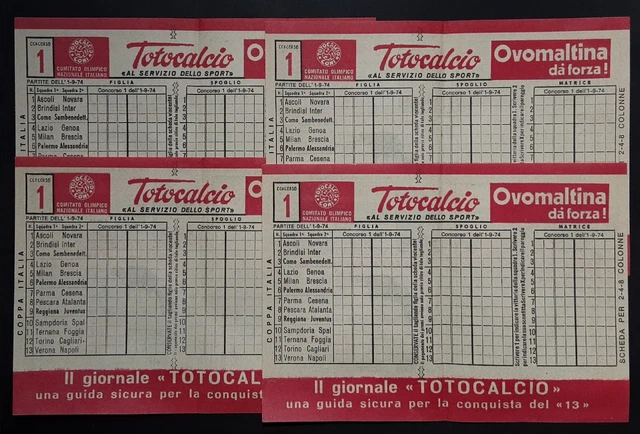 Totocalcio Concorso N. 1 Lotto N. 4 Schedine  Partite 1/9/74 Nuove