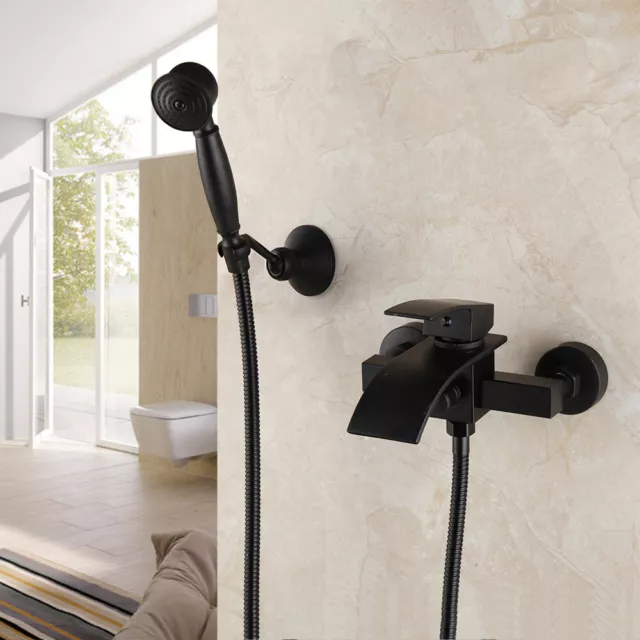 Bathroom Wall Mount Bath Tub Black Shower Tap Mixer Water Faucet W/Hand Spray