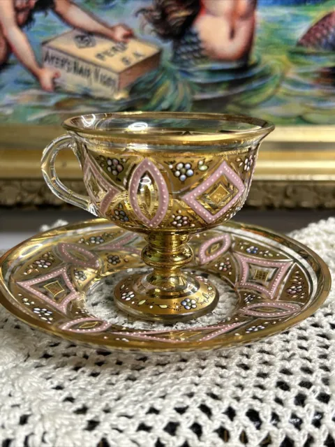 Antique Moser Glass Tea Cup & Saucer Gold White Pink Enamel Bohemian