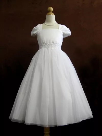 Flower Girl Cap Sleeved Beaded White Dress First Holy Communion Size 2-16