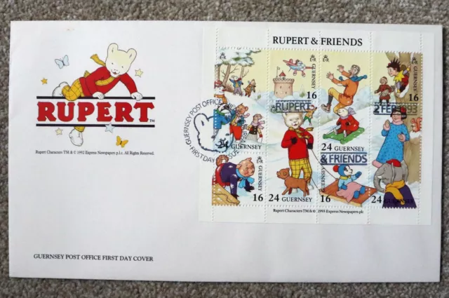 Guernsey First Day Cover "Rupert & Friends"  2nd Feb 1993 with insert, excellent