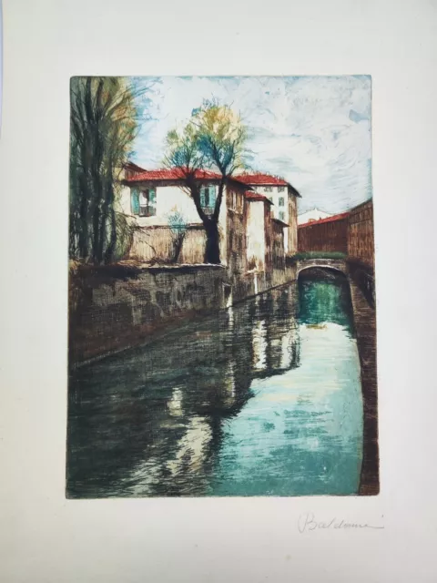 BALDASSINI GUGLIELMO (1885-1945) Incisione Acquaforte Acquatinta Naviglo Milano