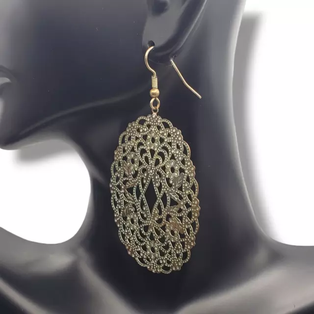 Bronze Tone Filigree Flower Earrings Hook Dangle Drop Large Oval 2.75"