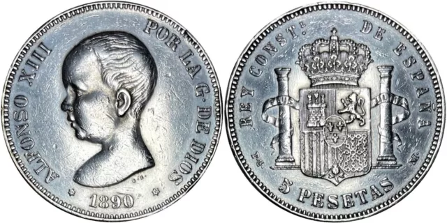 1890 MPM Spain 5 Pesetas King ALFONSO XIII Silver VF KM# 689