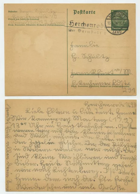 95791 - Ganzsache P 226 - Postkarte - Darmstadt 15.9.1934 nach Frankfurt a.M.