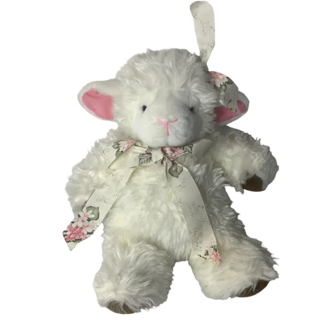 White Lamb Plush Sheep Pink Ear Ribbon Soft Stuffed Animal 13 inch