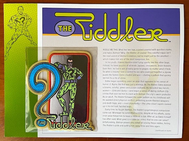 THE RIDDLER PATCH on INFO CARD ~ Willabee & Ward ~ DC COMICS PATCH COLLECTION