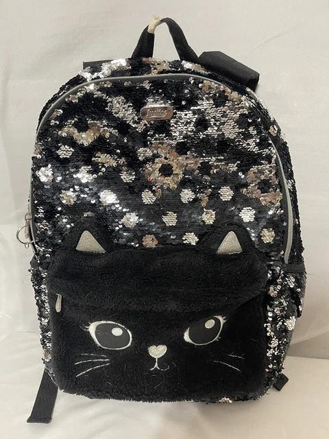 JUSTICE GIRLS CAT Kitty Flip Sequin Backpack School Bookbag Black