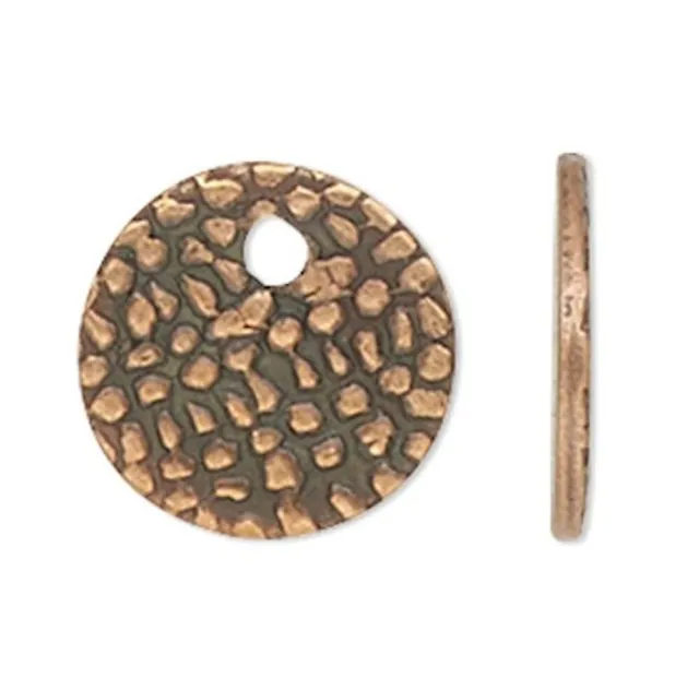 100 Antiqued Copper Plated Brass 7mm Textured Coin Drop Charms