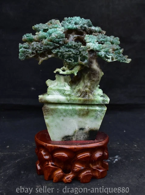 6.8" Chinese Natural Dushan Jade Carved Potted Plant Tree Elder Statue Sculpture