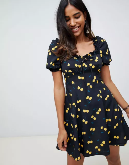 ASOS DESIGN sweetheart mini dress in cherry print Black Yellow Size 2 XS