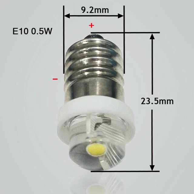 Ampoule LED E10 0,5W 3-12V - Pour Lampe Torche, Vis Chaude Ou Blanc, 180 Lumens, IP65, Longue Durée