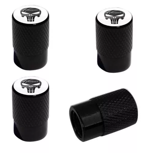 4 Black Billet Knurled Tire Wheel Valve Caps Car Truck BLACK PUNISH SKULL BK