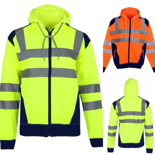 Hi Viz Vis High Visibility Jacket Hoodie Work Zip Hooded SweatShirt Fleece S-5XL