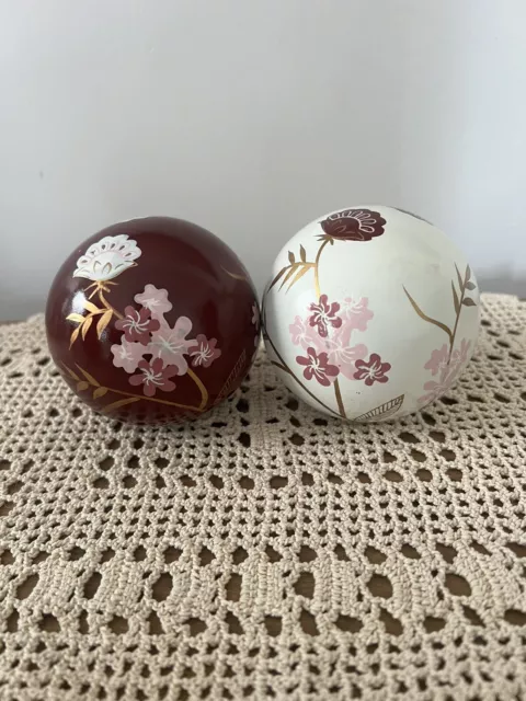 2 Floral Oriental Carpet Balls Burgundy Pink Cream Gold Hand Painted