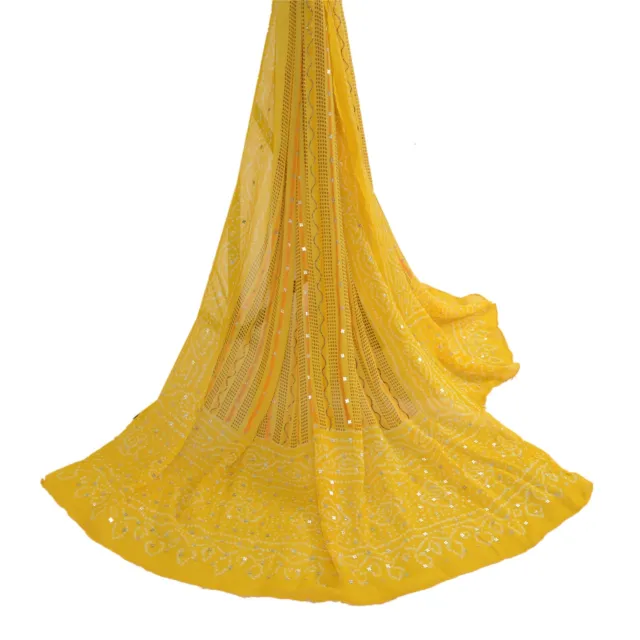 Sanskriti Vintage Dupatta Long Stole Pure Georgette Silk Yellow Beaded Bandhani