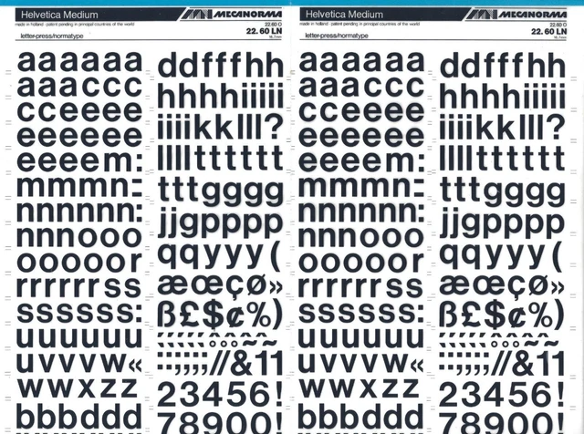 Hoja de Letras de Transferencia MECANORMA A3 #734 HELVETICA MEDIANA 16,7 mm