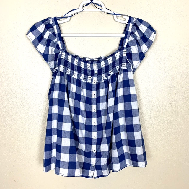 Old Navy Womens Blouse 2X Gingham Shirred Blue White Plaid Check Top Flutter