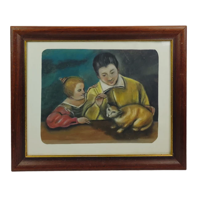 SCUOLA XX SECOLO Quadro Dipinto Disegno Tecnica Mista Figure con Gatto CORNICE
