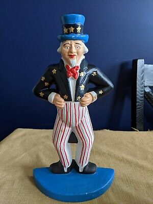 15" Cast Iron Uncle Sam Americana Door Stop Red White Blue Heavy Reproduction