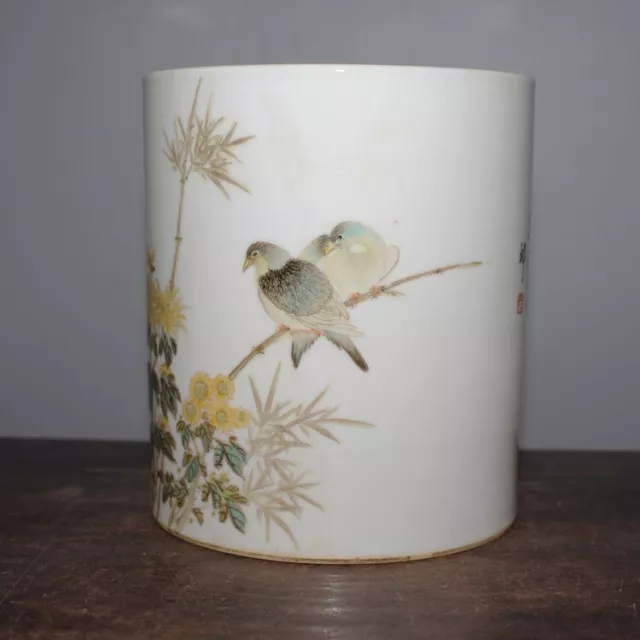 Antique Chinese Old Famille Rose Flower & Bird Porcelain Brush Pot