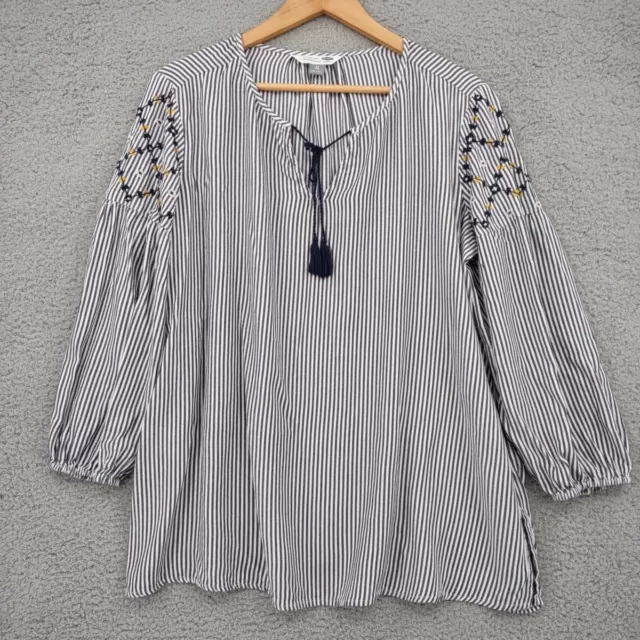 Old Navy Tunic Shirt Womens XL Blue Striped Embroidered Long Sleeve Tasseled