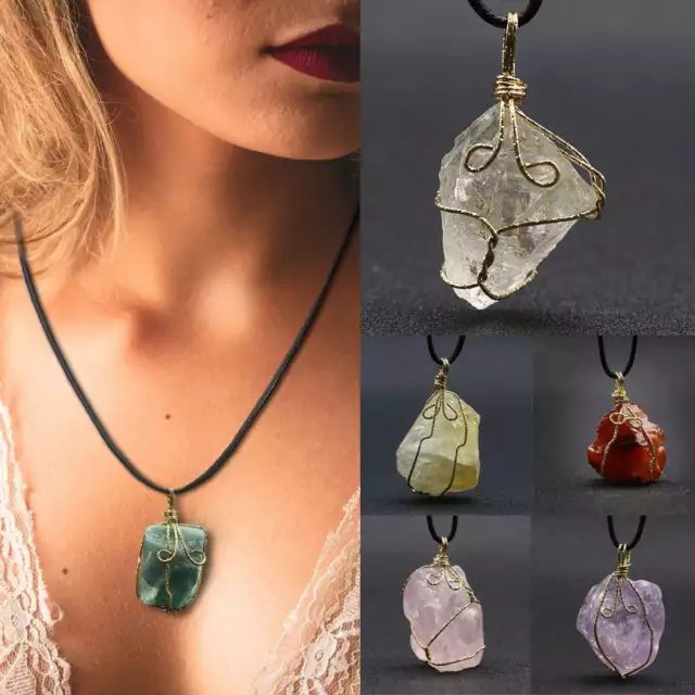 3x Natural Gemstone Necklace Chakra Stone Pendant Energy Healing Crystal & Chain 2