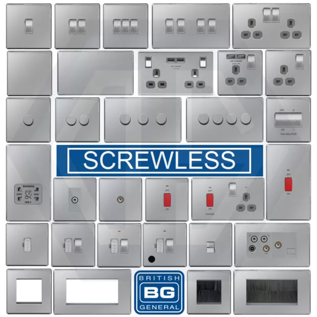 BG Nexus Brushed Steel Screwless Flatplate Switches & Sockets Satin Chrome Grey