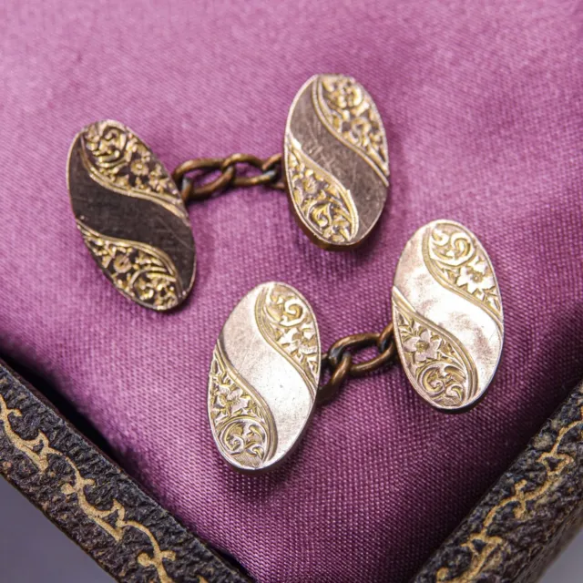 Antique Edwardian Oval Chain Cufflinks Floral Engraved Gold Tone Vtg Retro 1900s