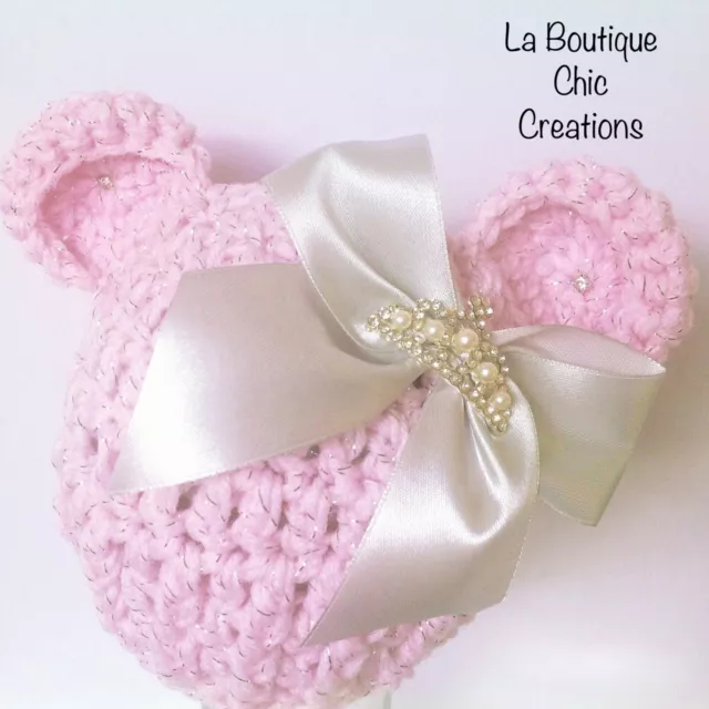 Stunning Newborn Baby Girl Pink Glitter Crochet Knit Bear Hat Photo Prop Gift