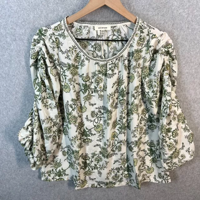 Max Studio Womens Size XS 3/4 Blouson Sleeve Blouse Shirt Top Ivory Green Floral