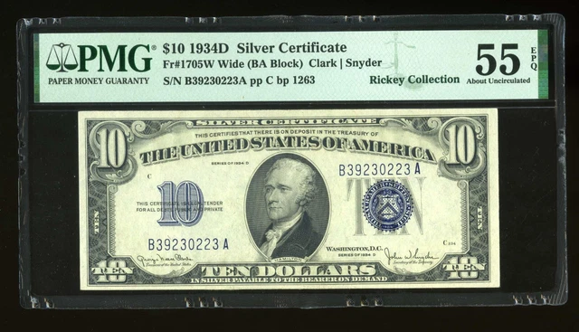 DBR 1934-D $10 Silver Wide Fr. 1705W PMG 55 EPQ Serial B39230223A