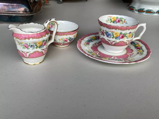 Crown Staffordshire Pink Tunis Lyric Bone China Cup,Saucer,Milk Jug & Sugar bowl