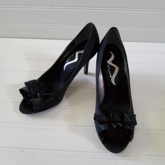 Nina Women’s Satin Open Toe Ribbon Heels Pumps Black Size 6.5M