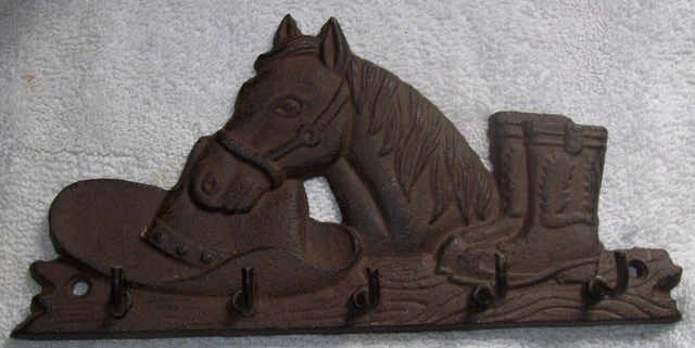 Solid Metal Horse Wall Key Hook 5 hanger Cowboy Hat Boots Country Western Farm 