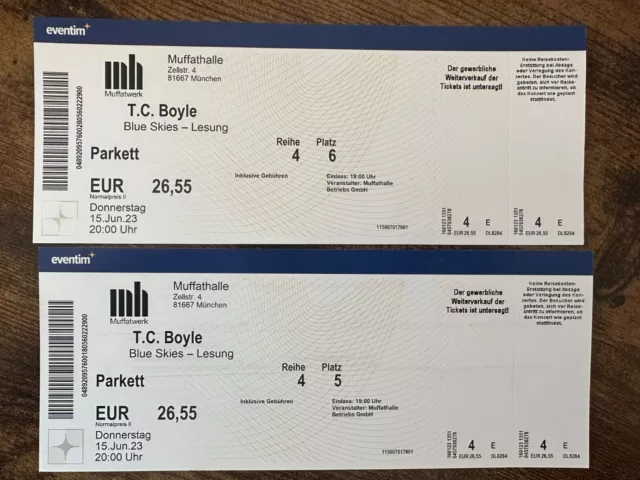 2 Karten Tickets T.C. Boyle Lesung München Muffathalle 15.06.23 Blue Skies