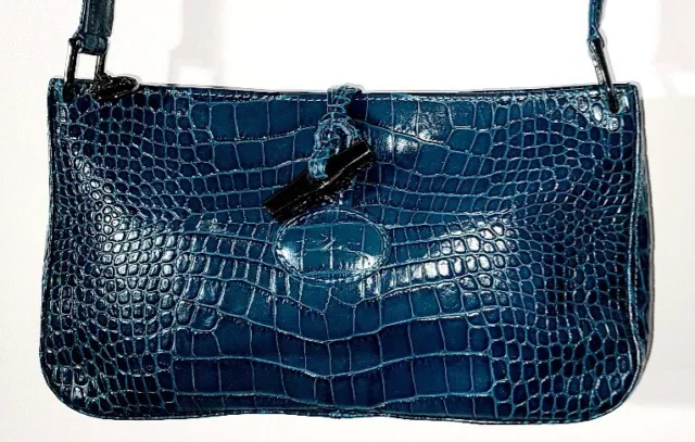 Longchamp Roseau Green Croc Embossed Toggle Shoulder Bag