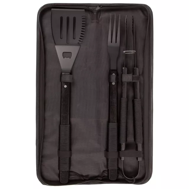 3pc Black Rope BBQ Grill Tool Set Barbecue Cooking Grilling Utensil Kit & Case