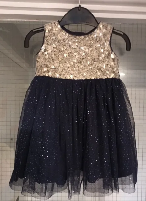 Monsoon Baby Girl Sparkly Party Tutu Dress Age 3-6 Months Navy Blue Gold Sequin