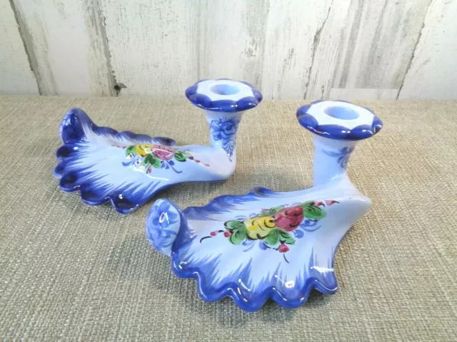 Vtg Blue & White Candle Holders Vestal Pal Alcobaca Portugal Floral 1118 China