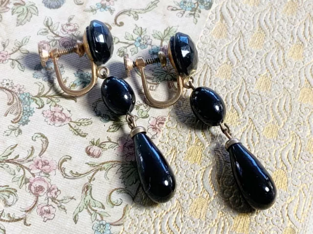 Antique Art Deco Gold Filled Screw Back Dangle Earrings with Black Glass