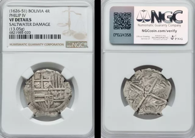 Shipwreck 1626-1651 Bolivia Philip IV 4 Real 13.05g Silver Cob NGC VF Detail