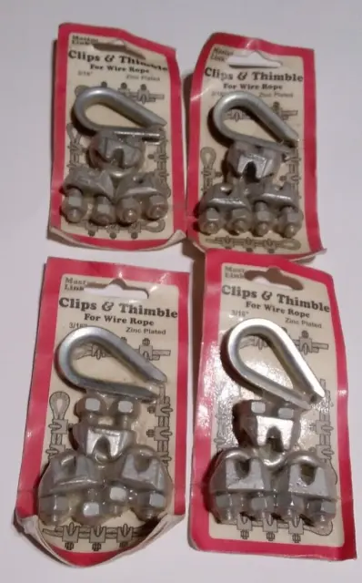 4 Vtg. Master Link Clips & Thimble For Wire Rope 3/16” Zinc Plated Part No 54574